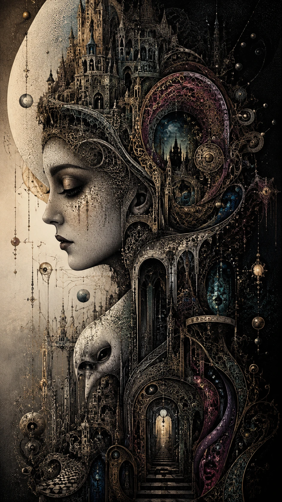 Cena abstrata surreal sombria com elegância gótica e ilusão