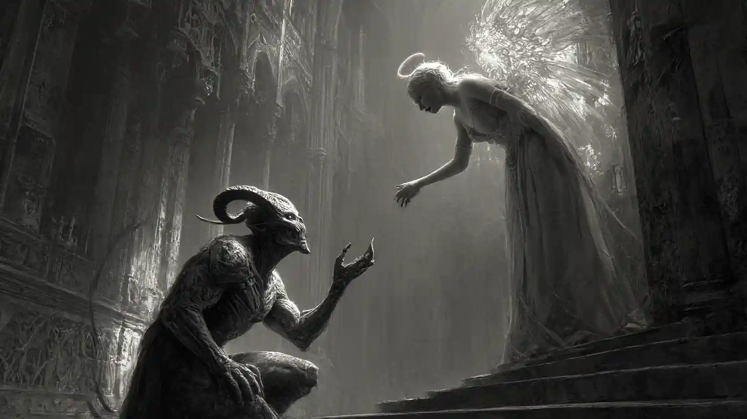 Ancient demon reaching for angel in radiant cathedral
