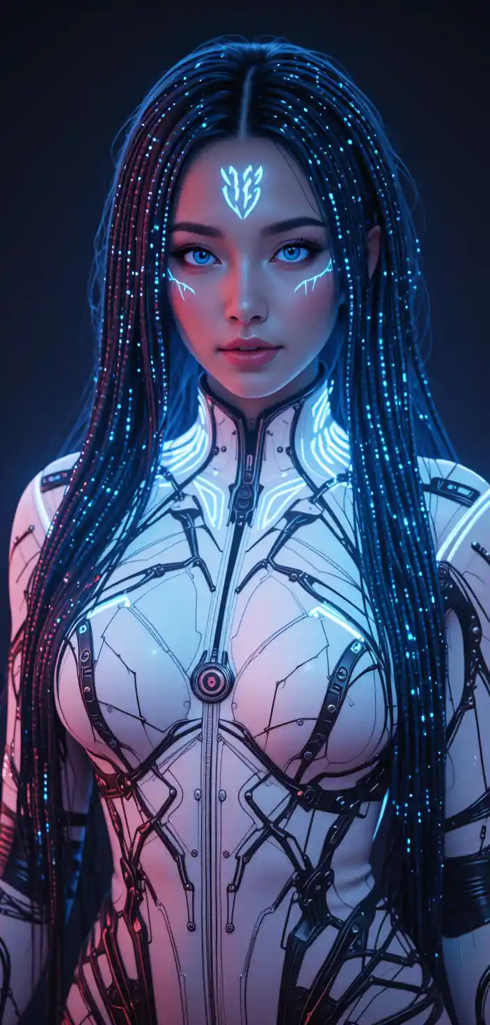 청색 땋은 머리가 빛나는 SF 여성의 어두운 초상