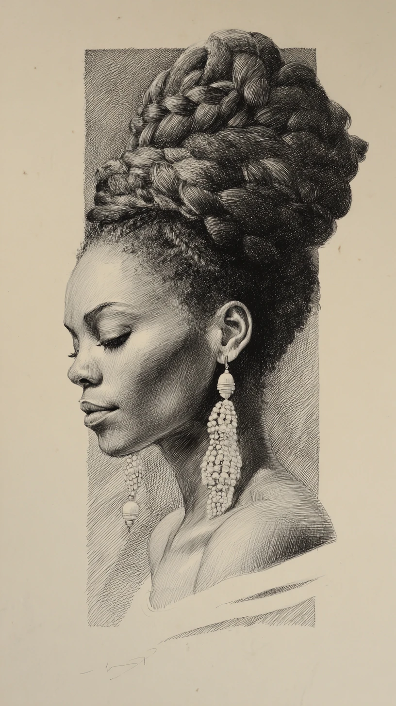 Portrait de profil au fusain d’une femme aux cheveux sculpturaux