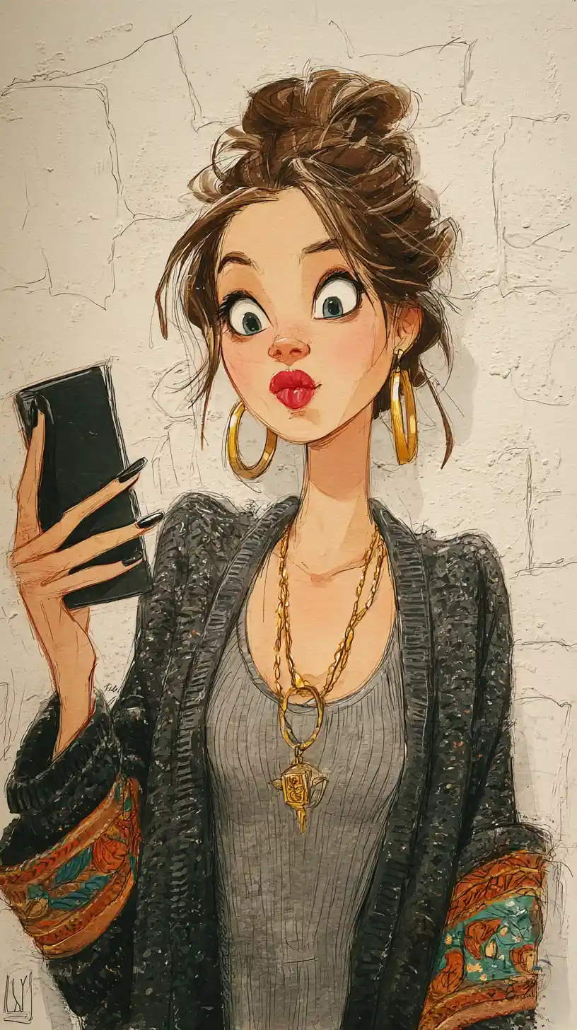 Garota pop surreal tirando selfie com olhos e lábios grandes
