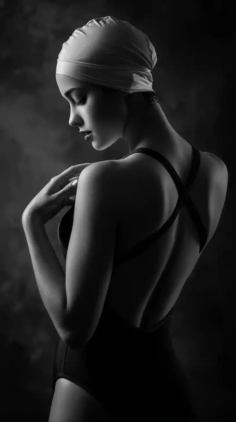 Portrait studio noir et blanc d’une nageuse concentrée