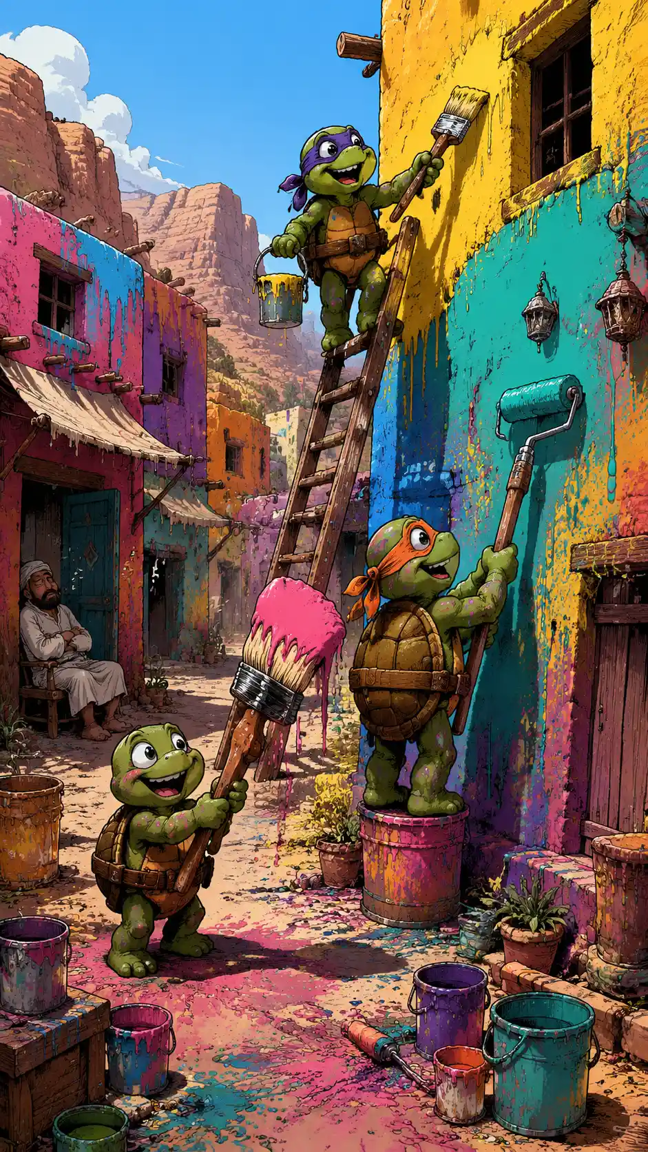 Tartarugas brincalhonas pintando uma vila colorida no deserto à noite
