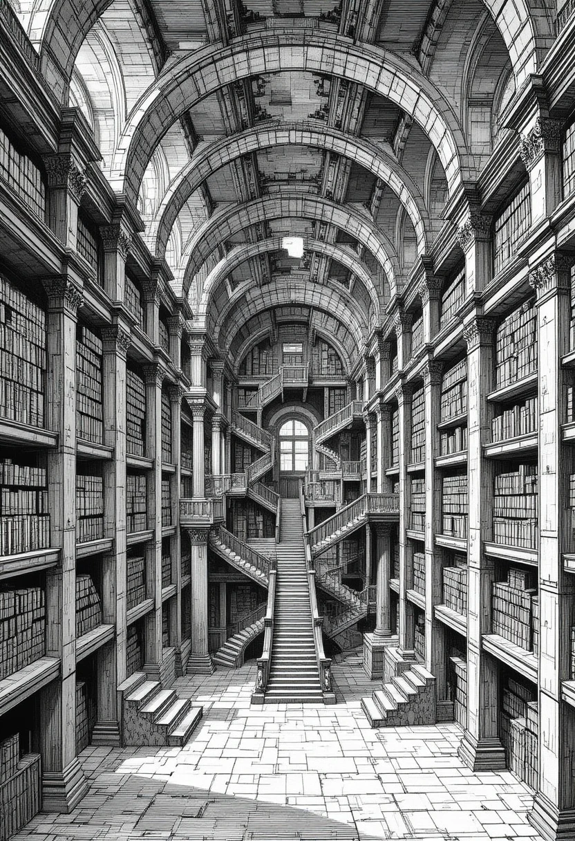 Escaleras Infinitas en una Colosal Biblioteca Laberíntica en Grabado