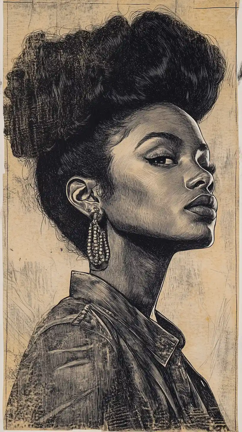 Retrato de perfil a carboncillo de una mujer negra con cabello escultórico