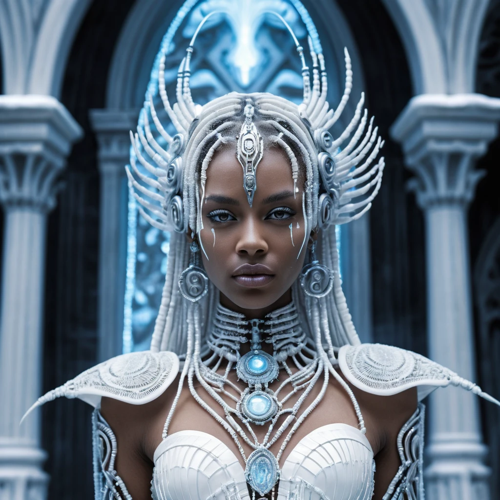 Princesse biomécanique dans une cathédrale sci‑fi bleu glace et nacrée