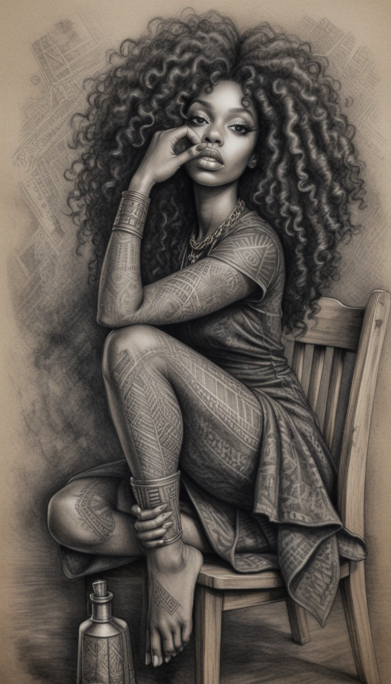 Caricature au fusain d’une femme avec une énorme afro bouclée