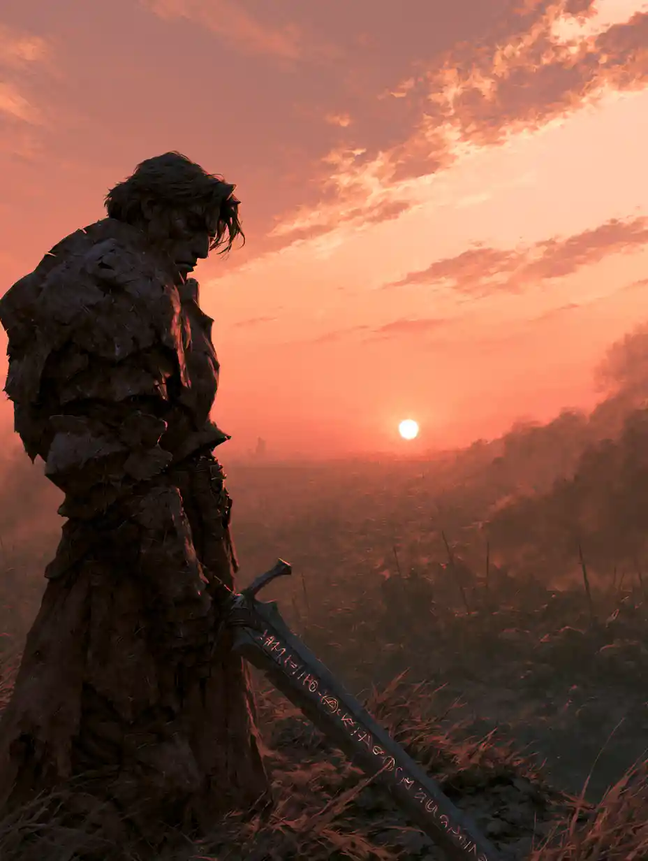 Paladino provato dalla battaglia in piedi vittorioso al tramonto sul campo di guerra