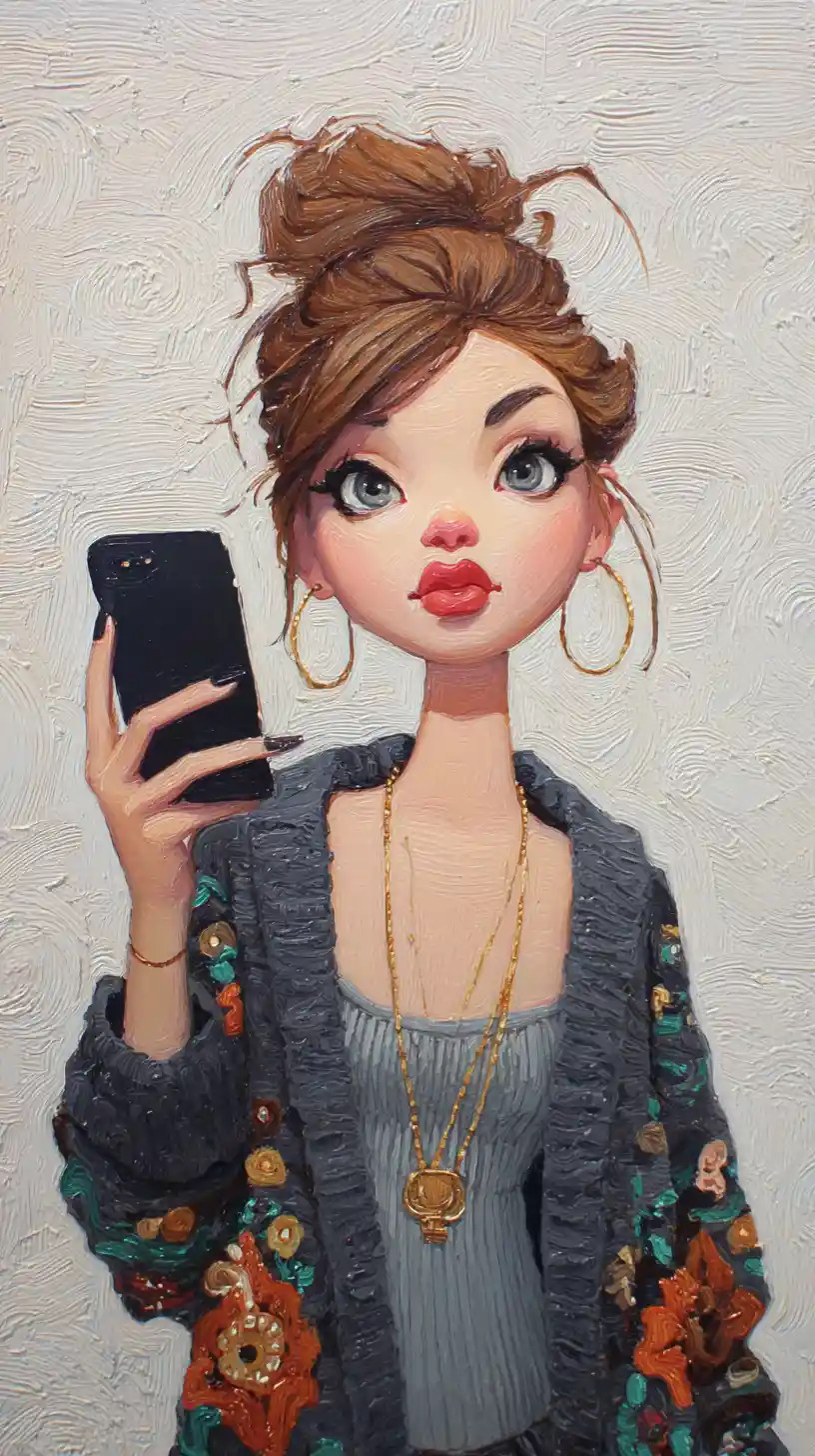 Garota pop surreal tirando selfie com smartphone