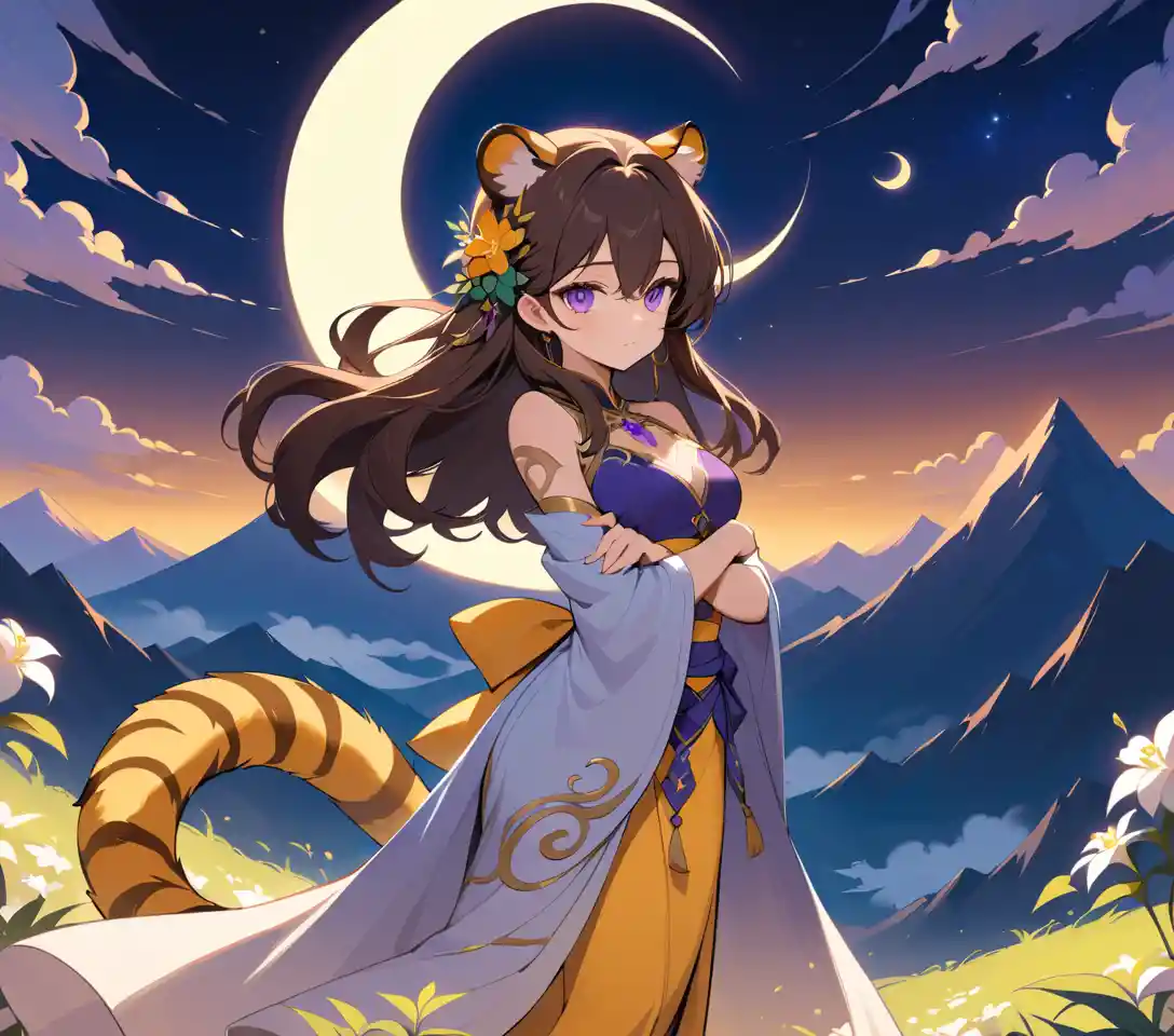 Mystical woman with tiger ears under a golden sky