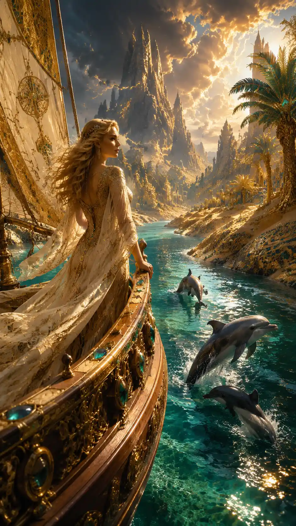 Mulher elegante em navio ornamentado navegando por um oásis dourado