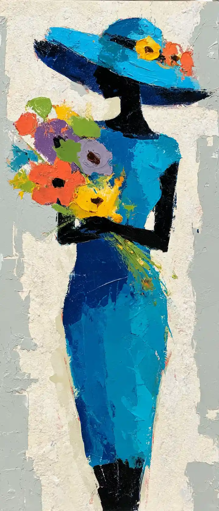 Frau mit blauem Hut und Blumen – Acryl-Folk-Art-Gemälde