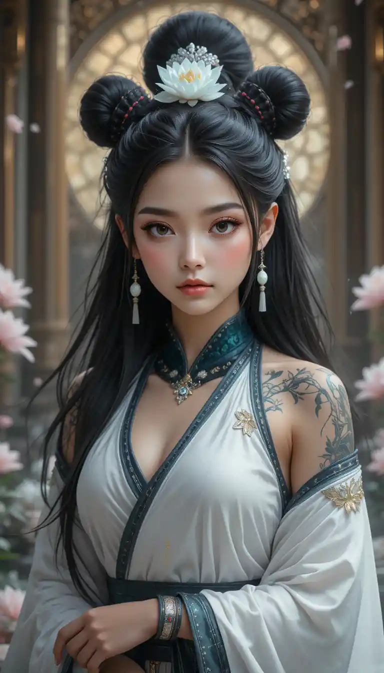 Mulher anime Pandawa com orelhas de panda em vestes tradicionais