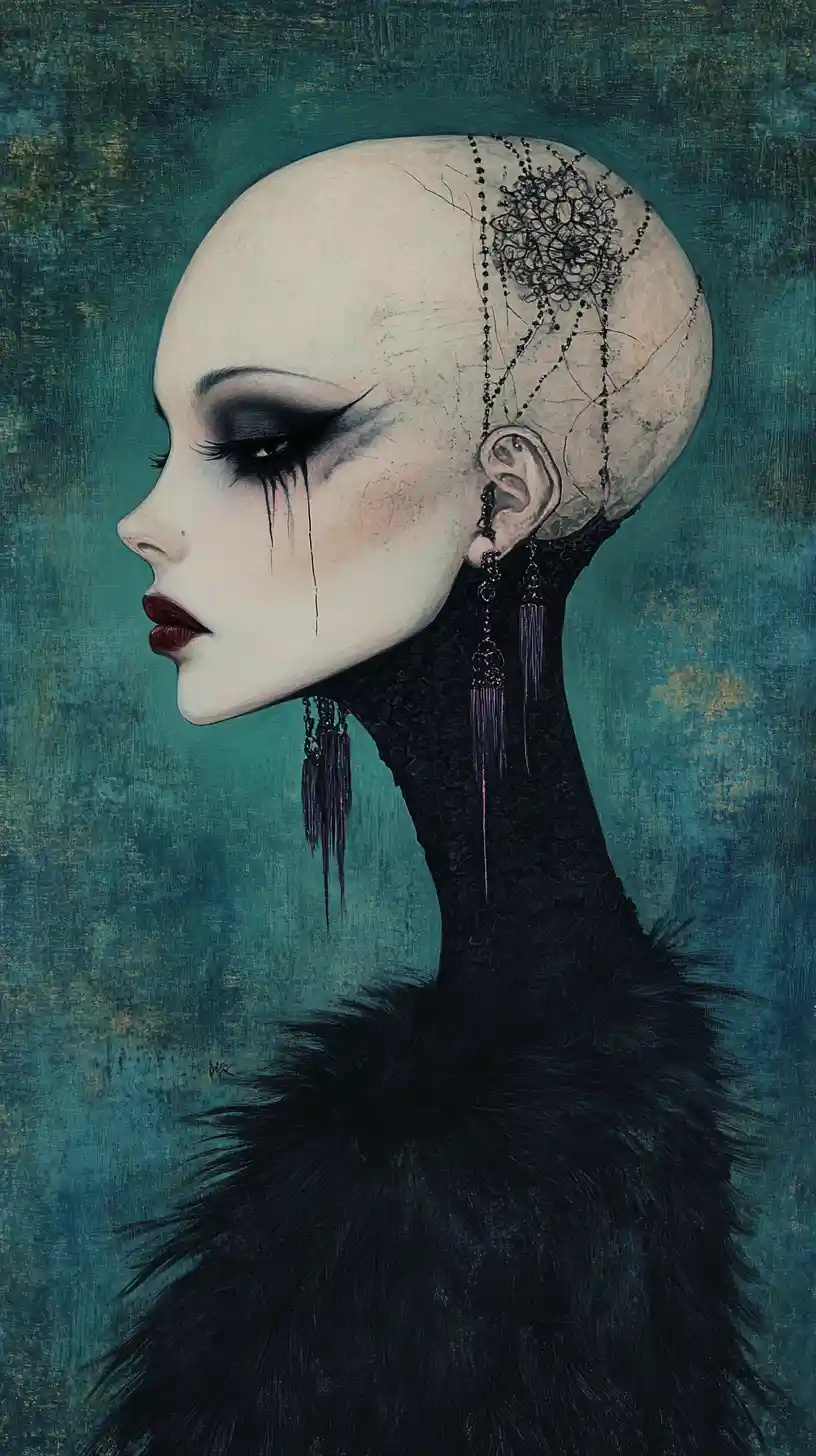 Surreal woman with elongated neck and porcelain cracked skin