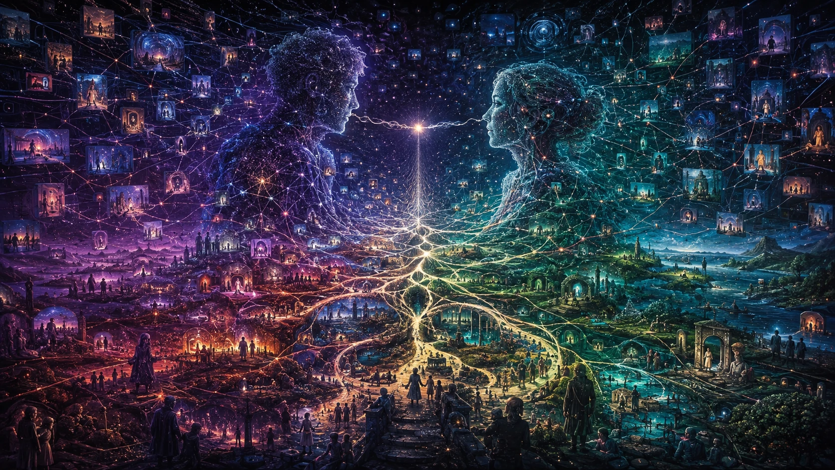 Siluetas humanas surrealistas unidas por una red luminosa similar a datos