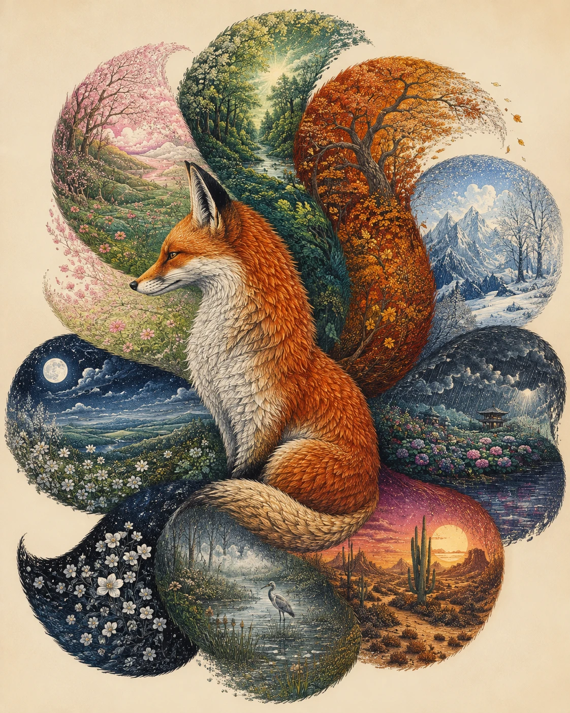 Renard élégant de profil avec des mondes fantastiques dans sa queue en spirale