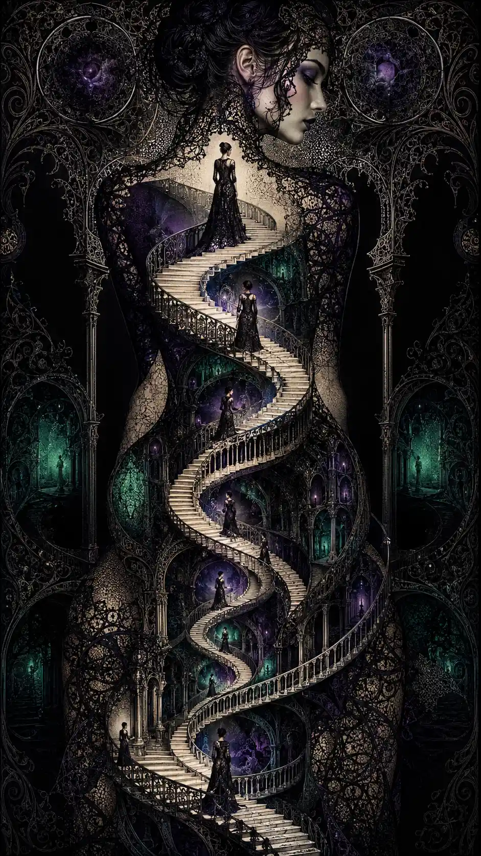 Mulher surreal em escada em espiral infinita feita do próprio corpo