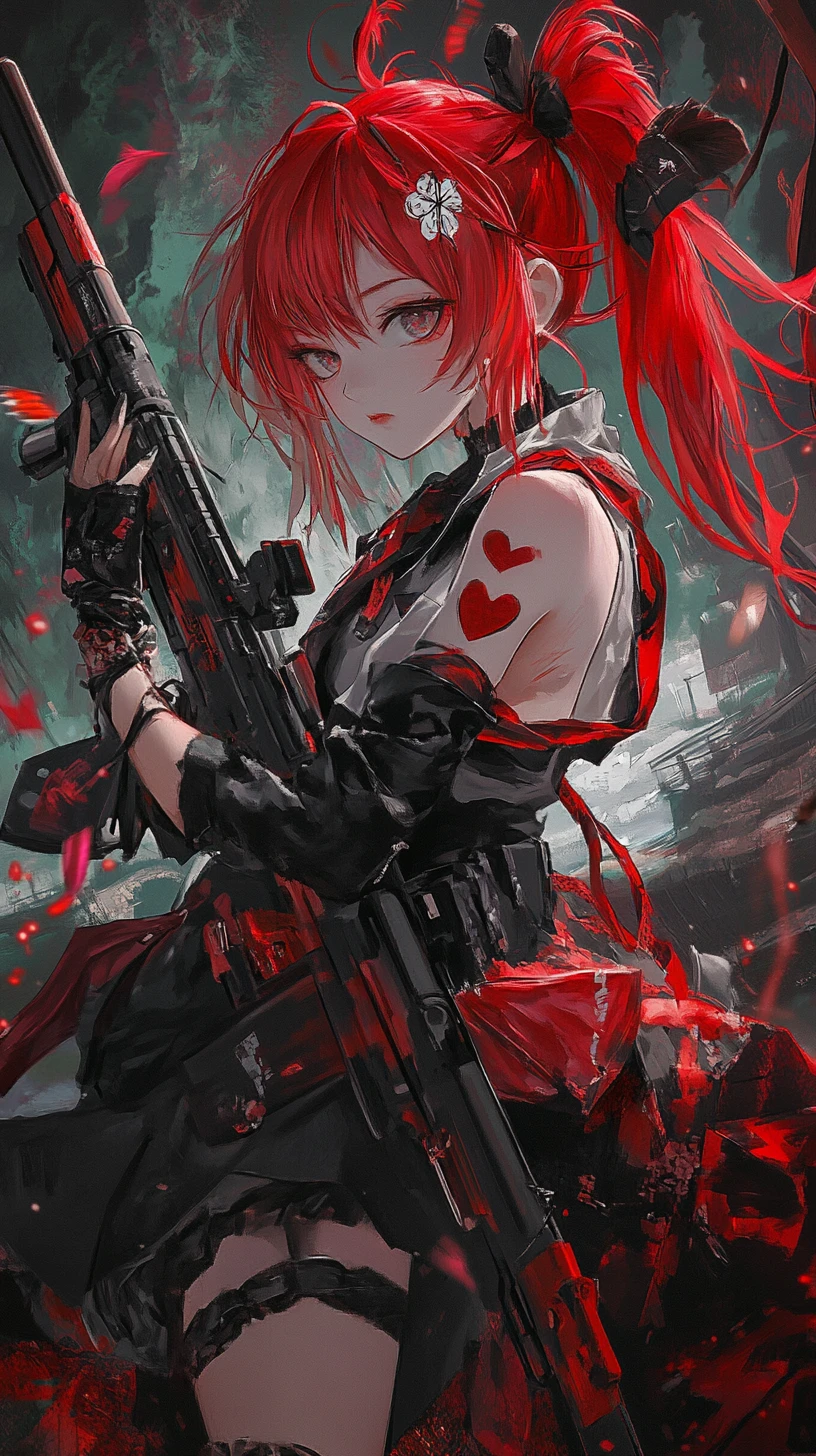 Chica de anime pelirroja en posición de batalla con rifle