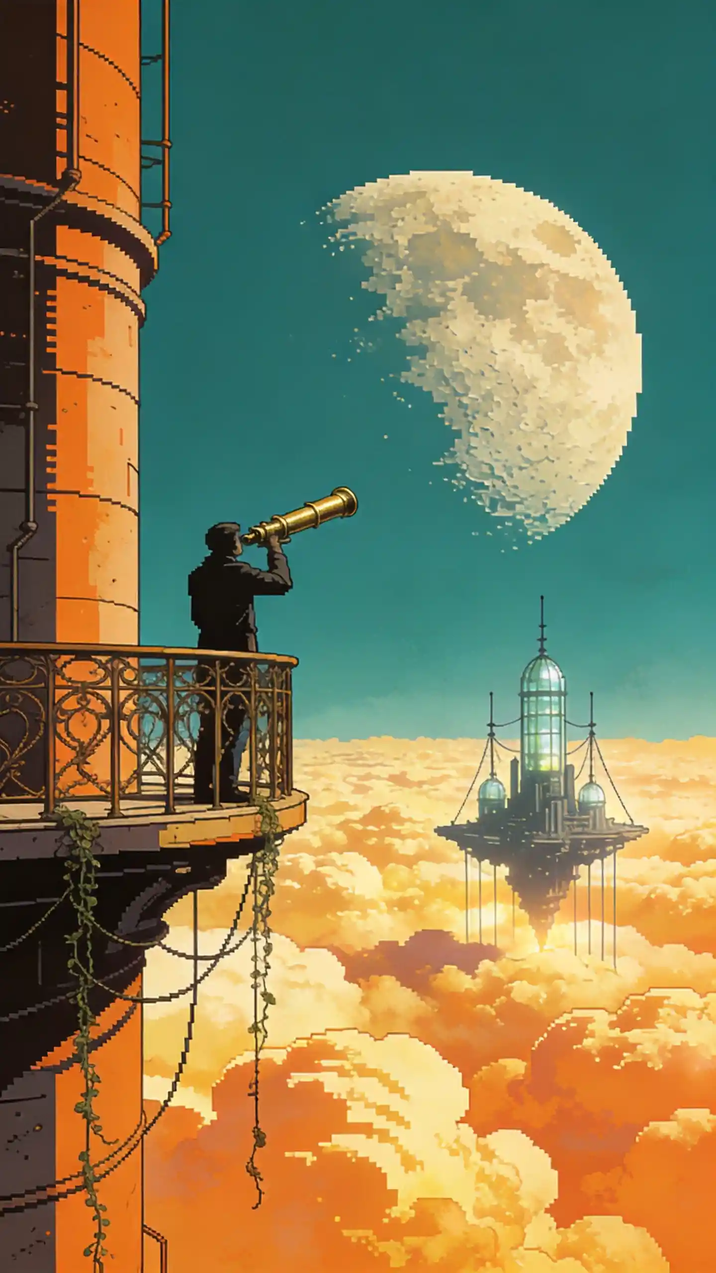 Lone figure on tower balcony watching a distant floating city
