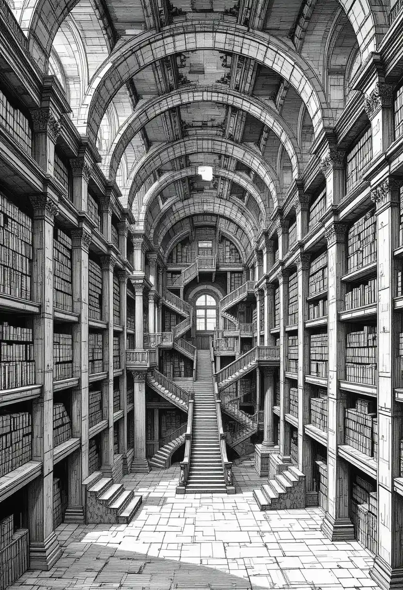 Escaliers Infinis dans une Colossale Bibliothèque Labyrinthique en Gravure