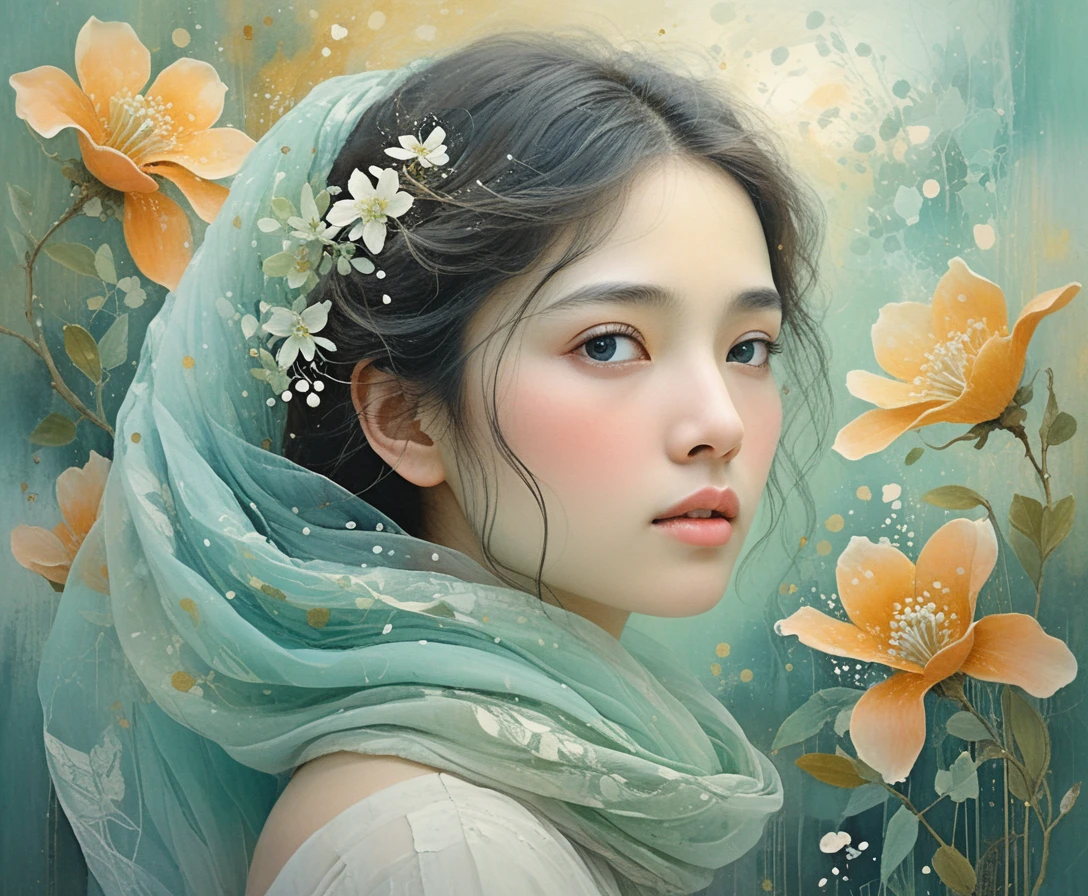 Retrato onírico de una joven entre flores turquesa