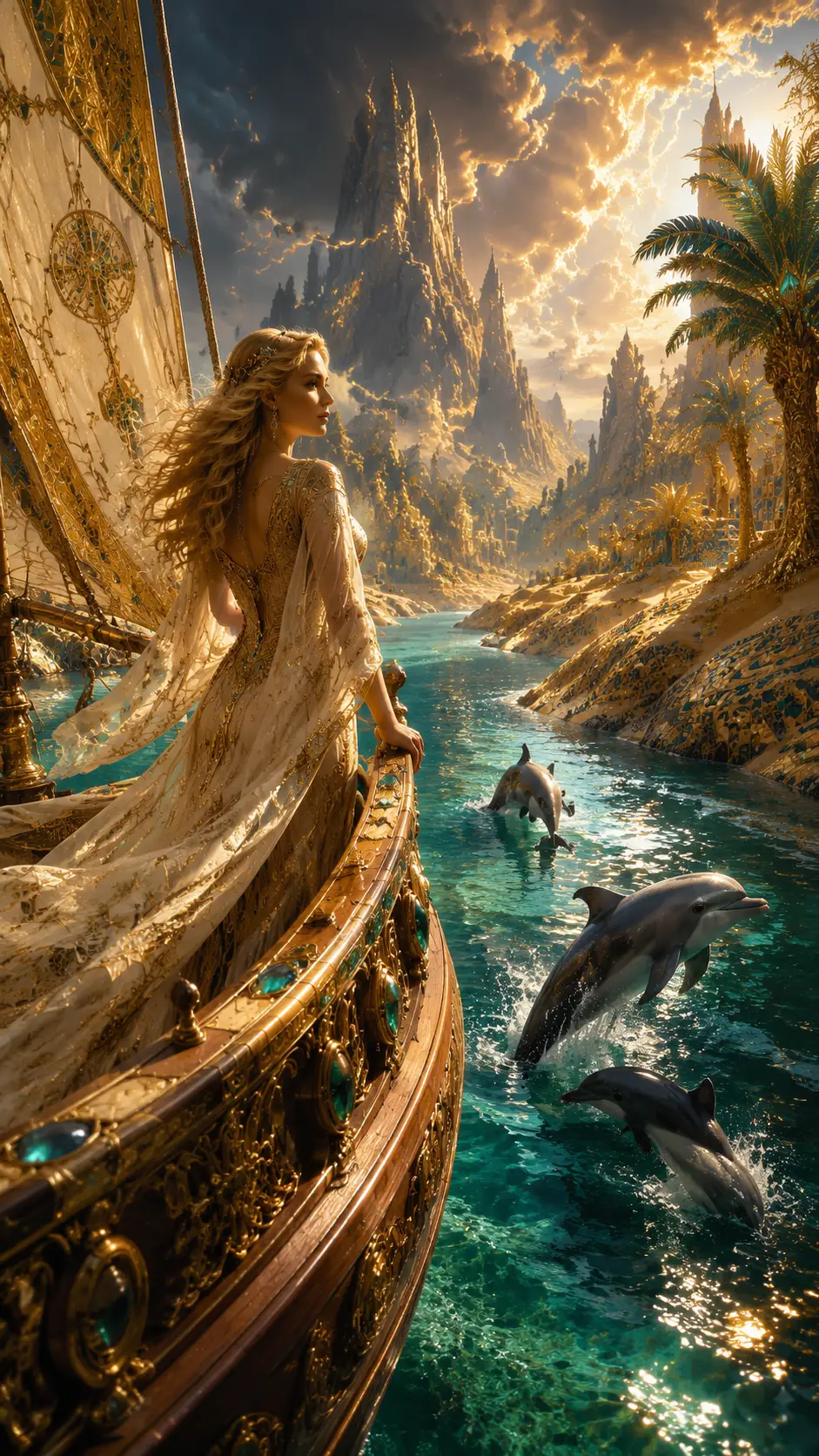 Mujer elegante en barco ornamentado navegando por un oasis dorado