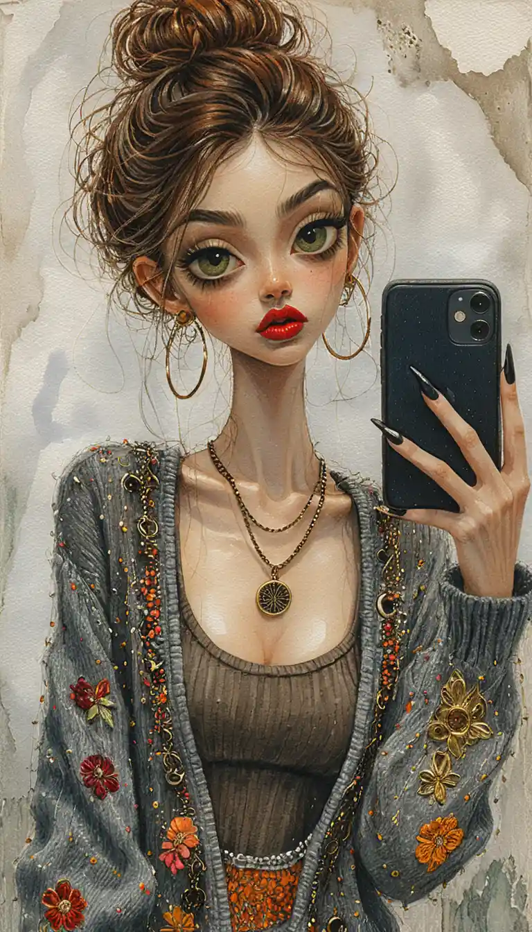Stylized girl taking a selfie in pop art portrait