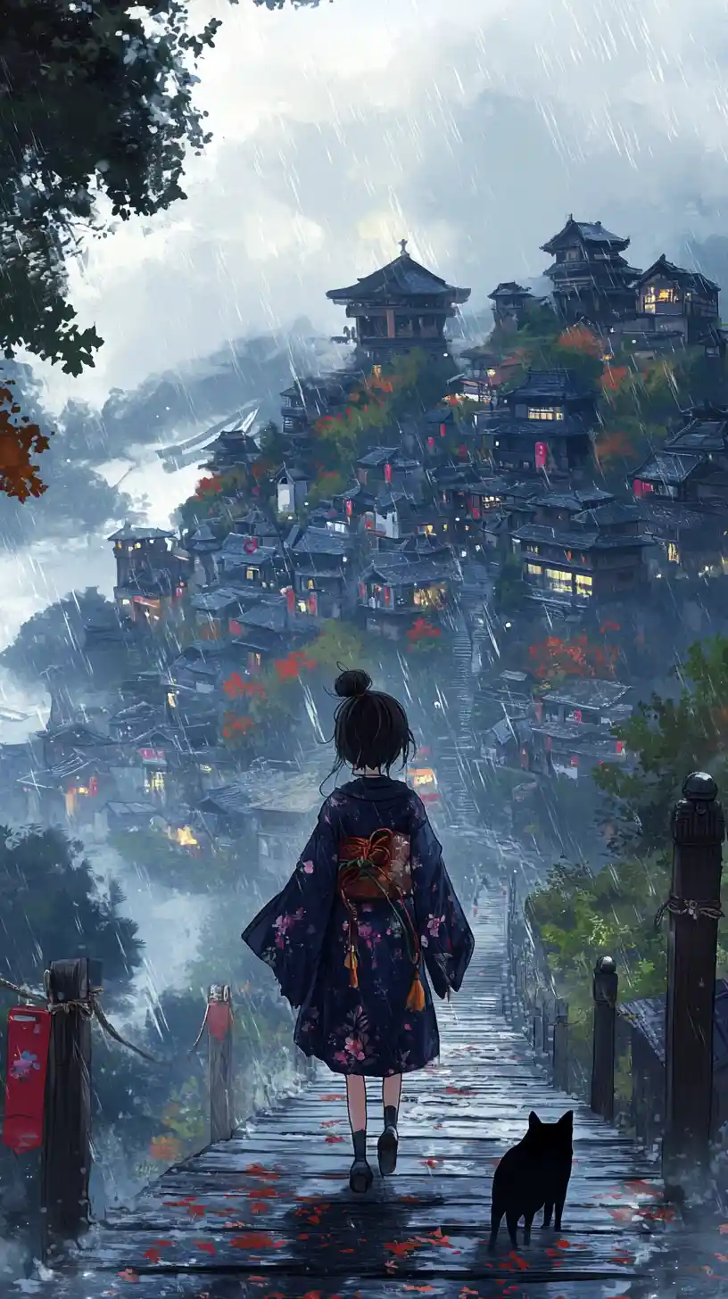 Fille d’anime marchant avec un chien sur un pont en bois