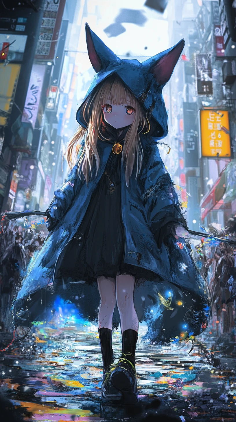 Chica de anime con cicatriz y ojos dorados en abrigo azul con capucha
