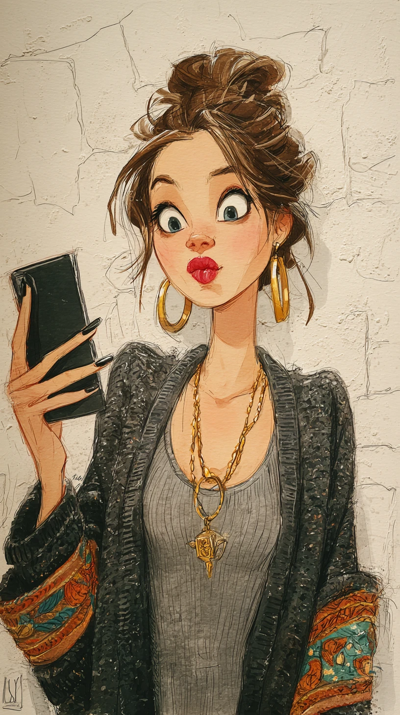 Garota pop surreal tirando selfie com olhos e lábios grandes