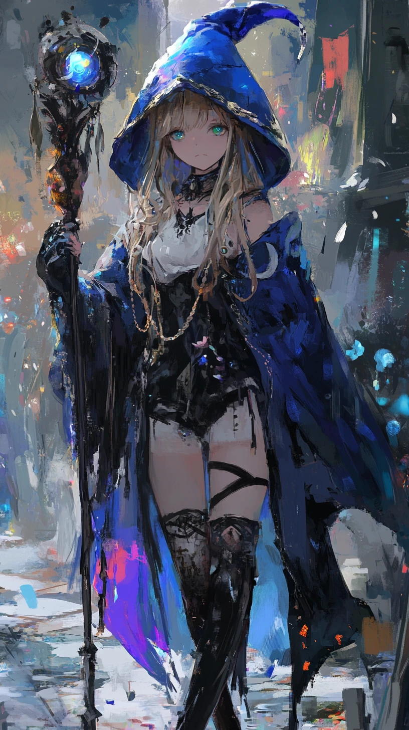 Chica de anime con cicatriz y ojos dorados en abrigo azul con capucha