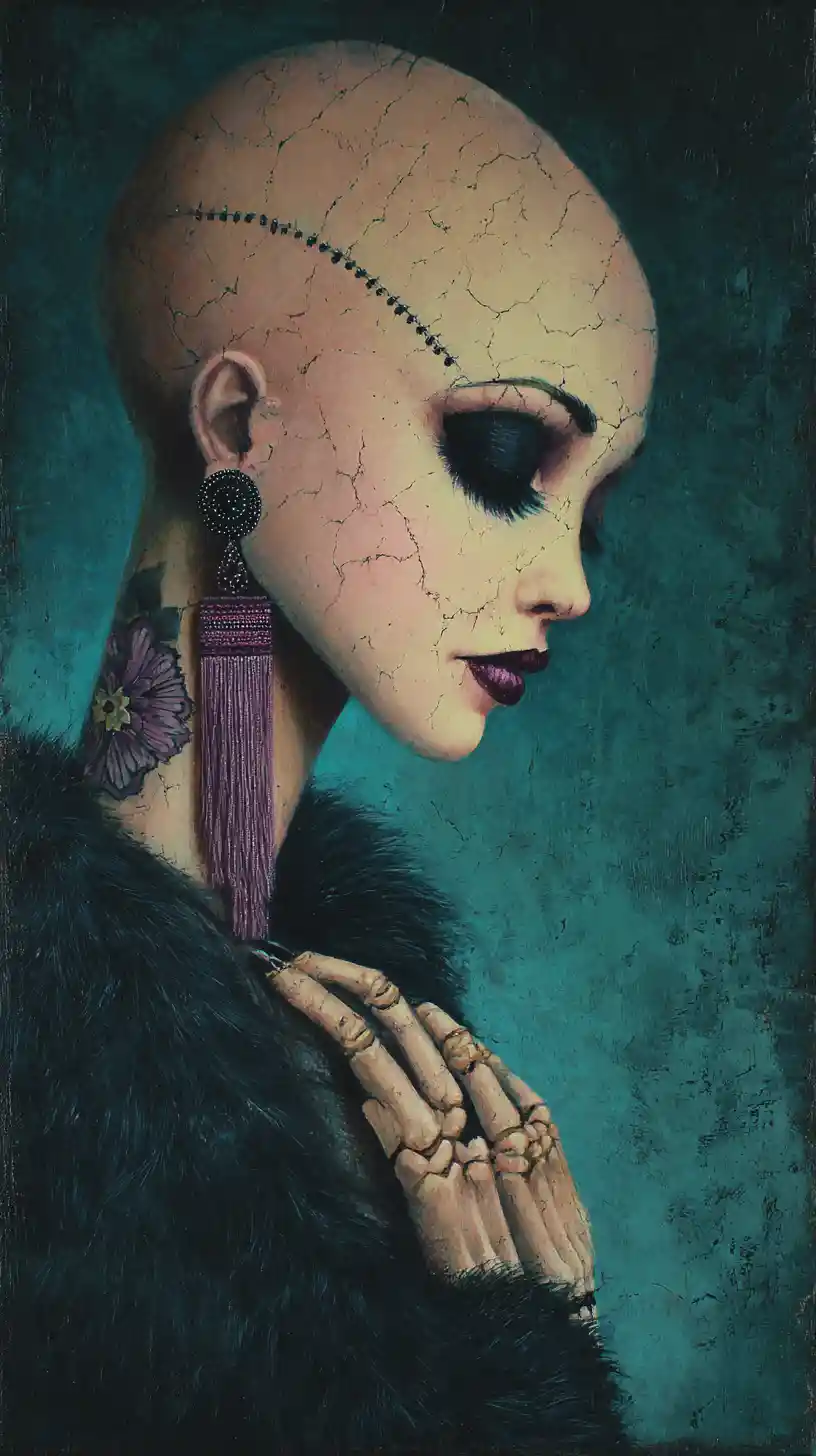 Surreal gothic portrait of a stitched porcelain like woman