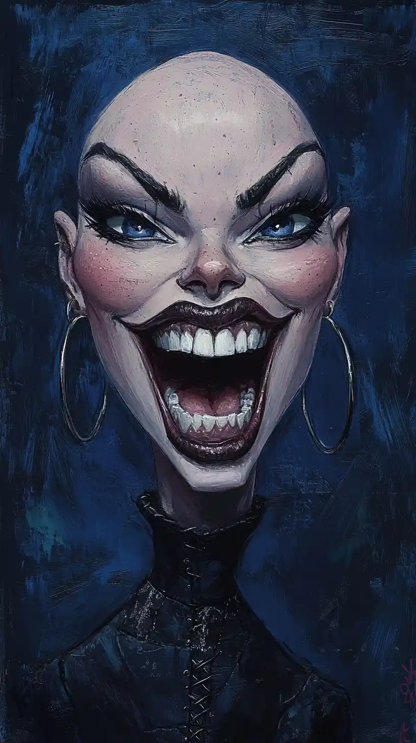Retrato caricaturesco de fantasía oscura de una mujer calva con cuello largo