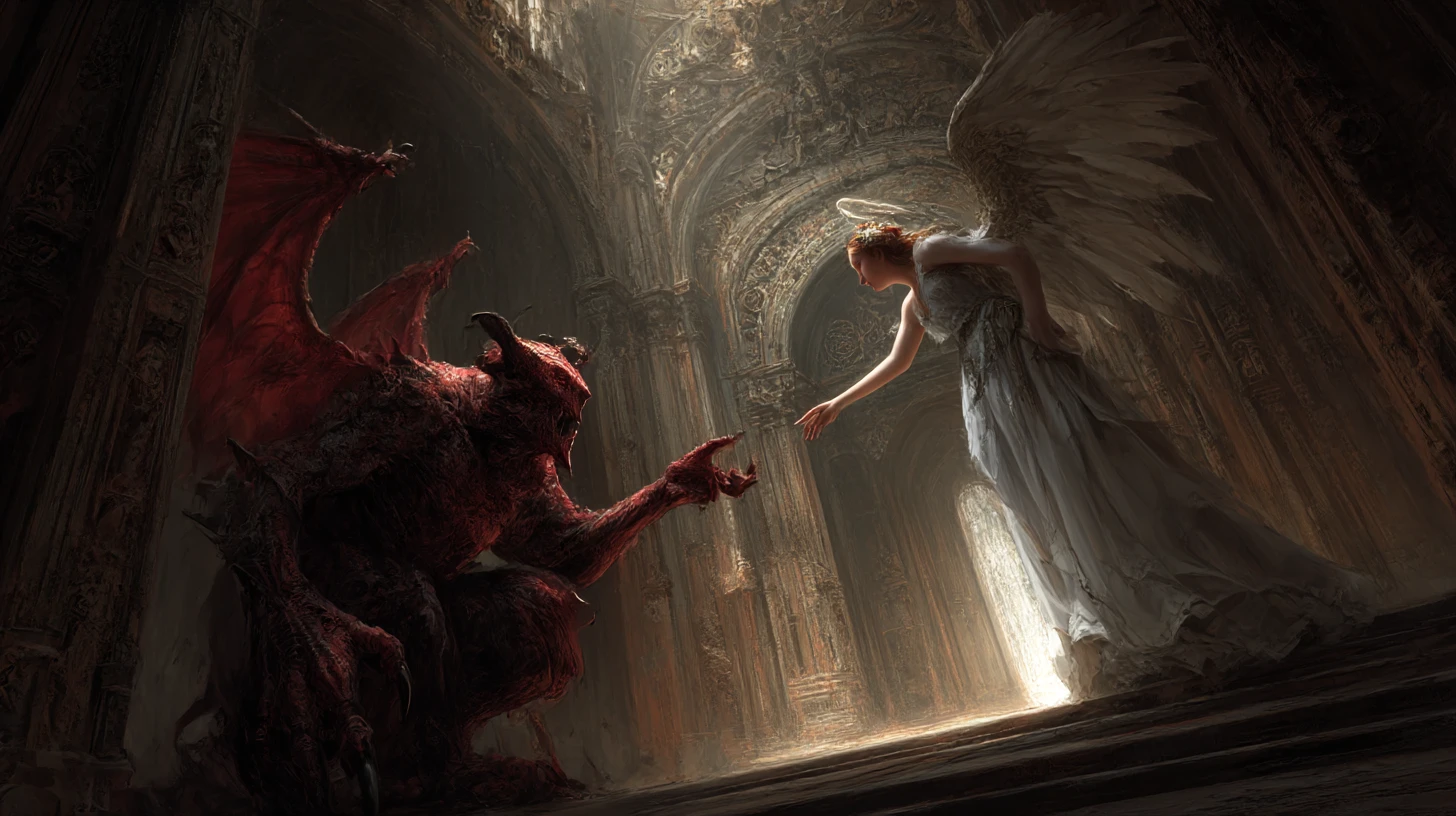 Antiguo demonio que se extiende hacia un ángel celestial radiante