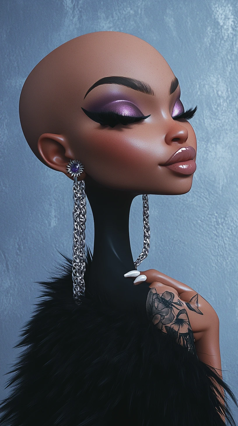Femme chauve glamour en portrait 3D stylisé de profil