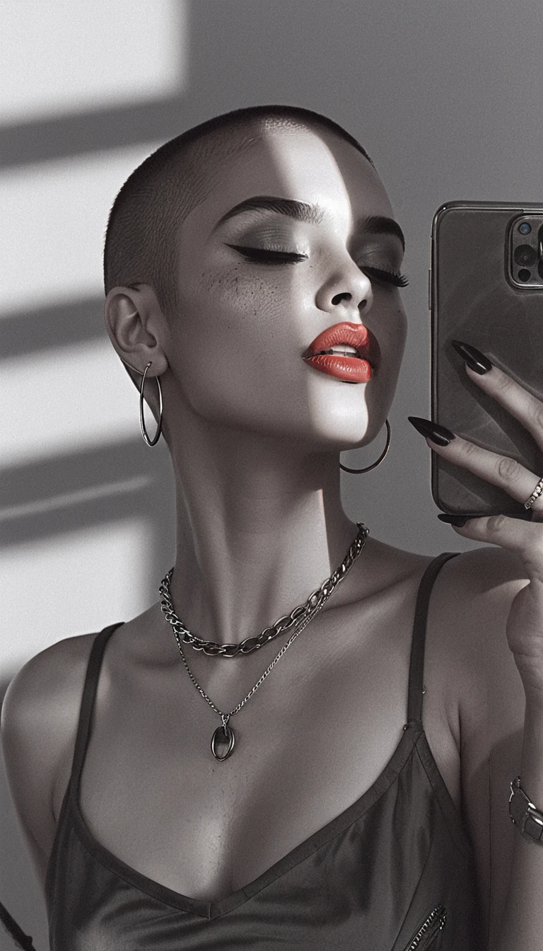 Graphitporträt einer stylischen Frau, die ein Spiegel‑Selfie macht