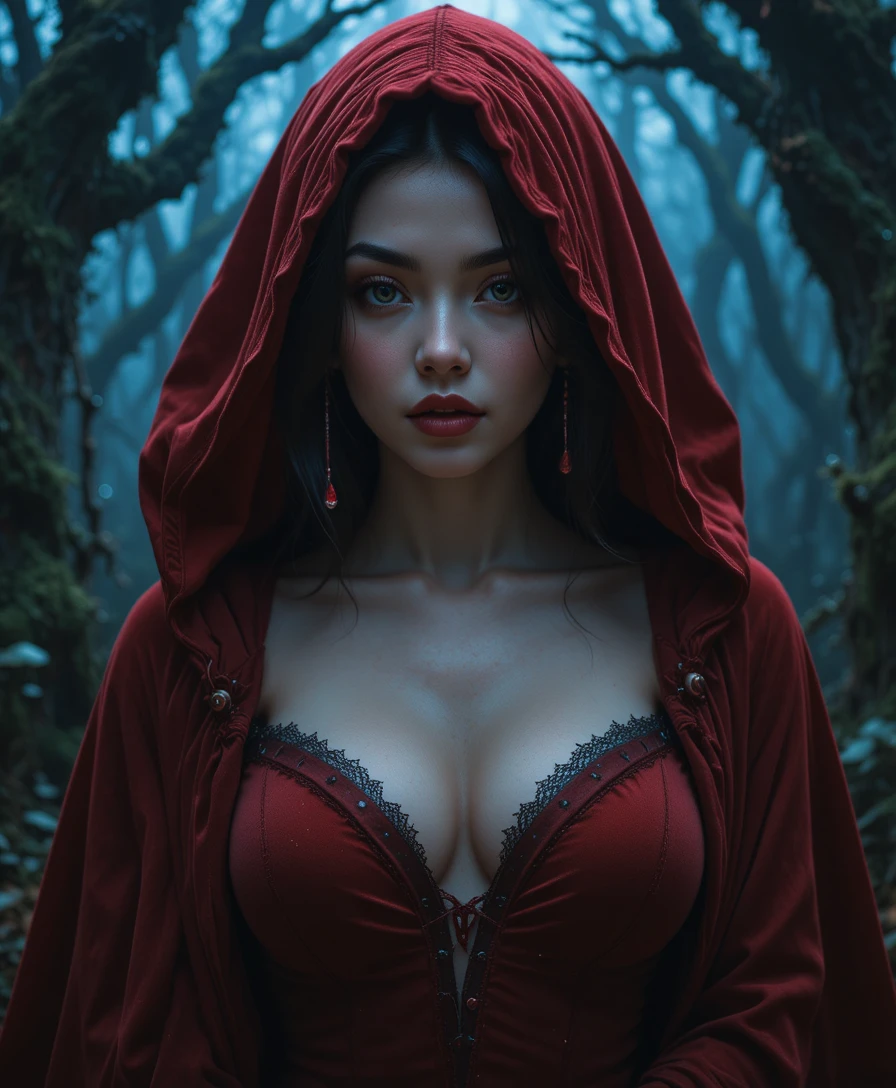 Femme énigmatique en cape rouge dans une forêt fantastique au crépuscule