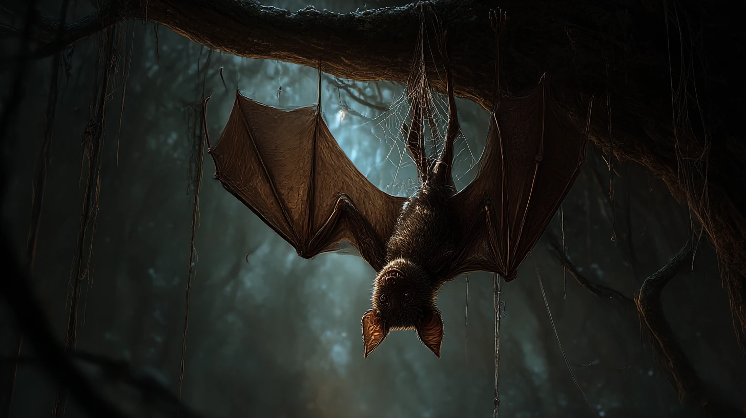 Monstruo murciélago-araña en un árbol de bosque oscuro encantado