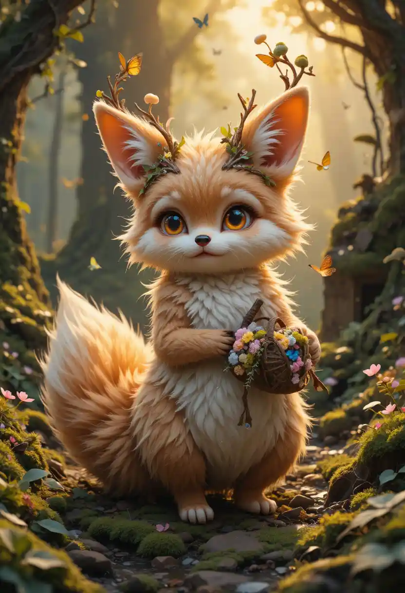 Cute glowing forest spirit creature in an enchanted woodland