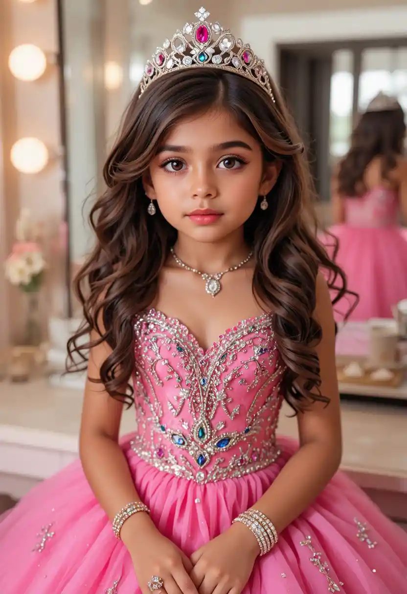 Hispanic boy in pink quinceanera gown at vanity