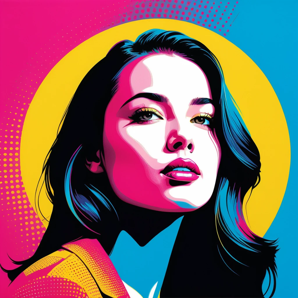 Portrait pop art d’une femme pensive avec trame de demi-teintes