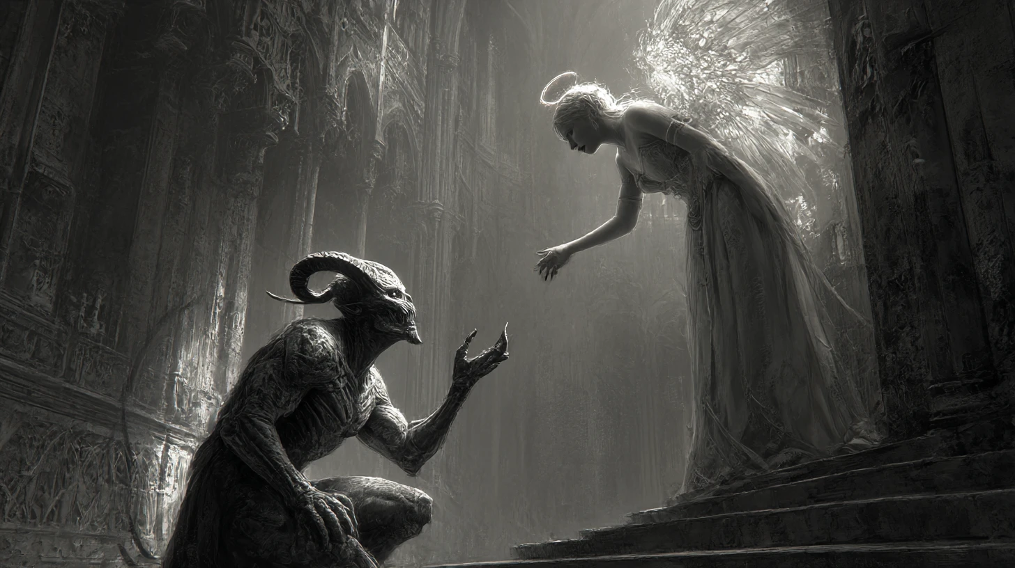 Ancient demon reaching for angel in radiant cathedral