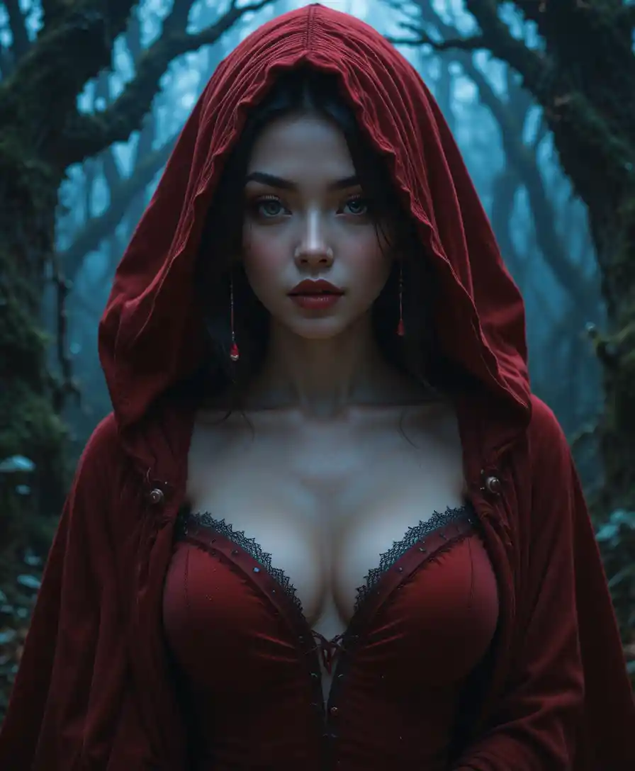 Femme énigmatique en cape rouge dans une forêt fantastique au crépuscule