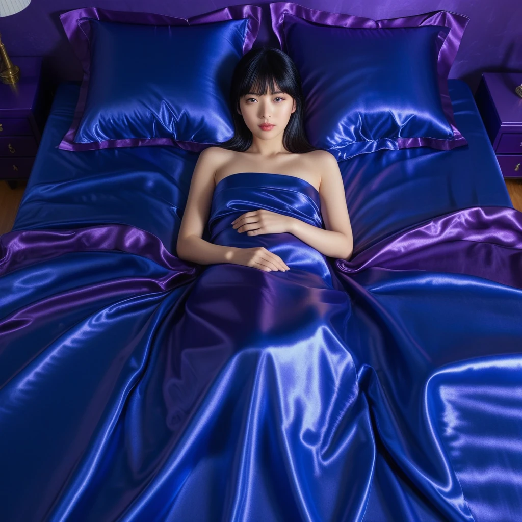 Japanese woman lying on royal blue and purple satin bed