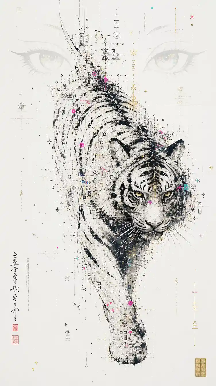 Tigre inspirado en sumi-e que se disuelve en microdetalles simbólicos