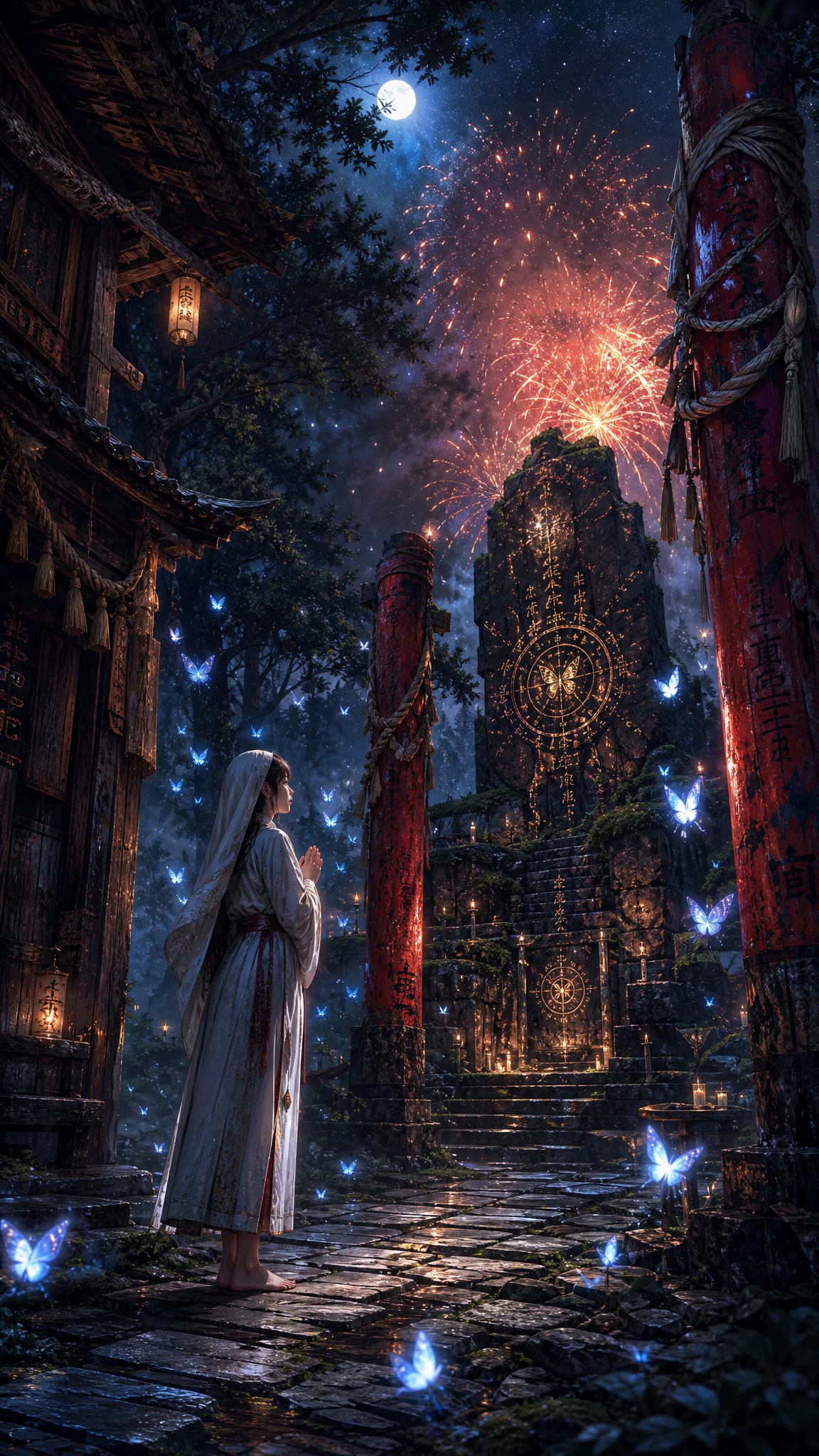 Ancient Forest Path Under Moonlight With Ritual Altar