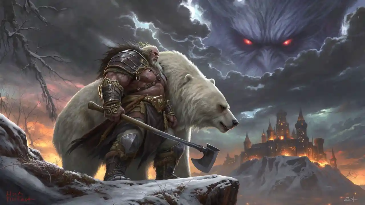 Barbar und gepanzerter Kriegseisbär im gefrorenen Fantasy-Norden