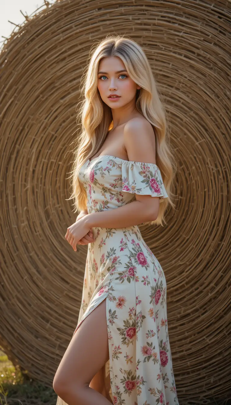 Elegant blonde woman posing by hay bale at sunset