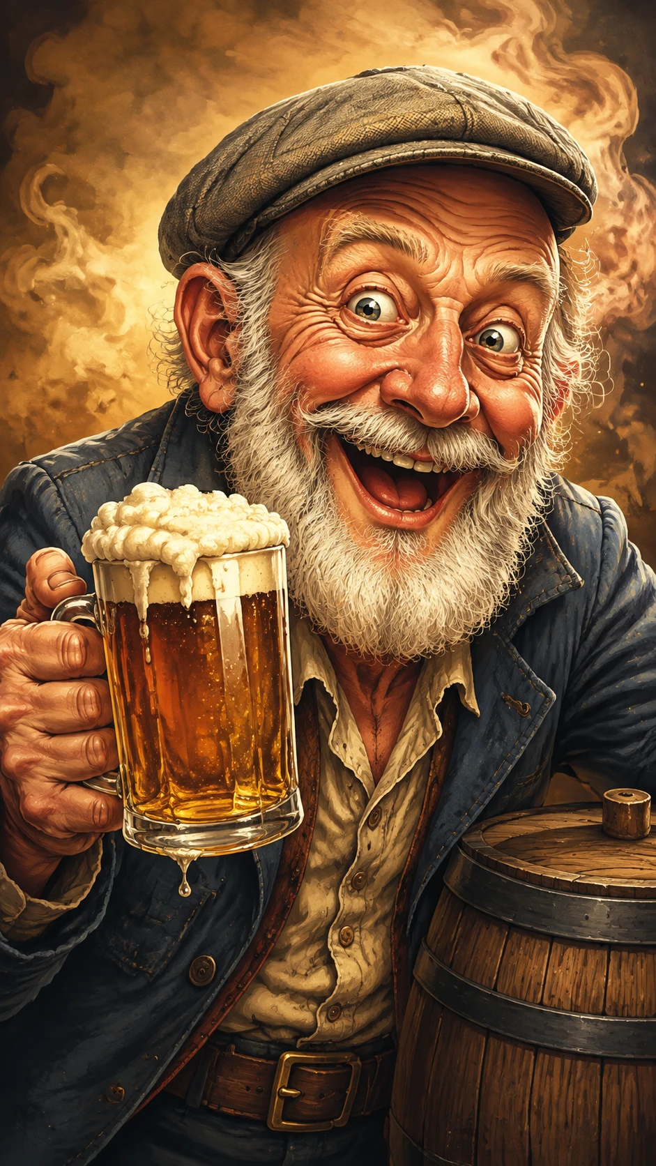 맥주 머그를 든 유쾌한 노인 일러스트 (카툰 스타일)