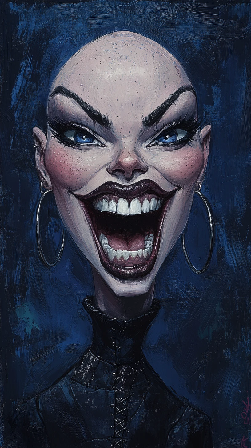 Retrato caricaturesco de fantasía oscura de una mujer calva con cuello largo